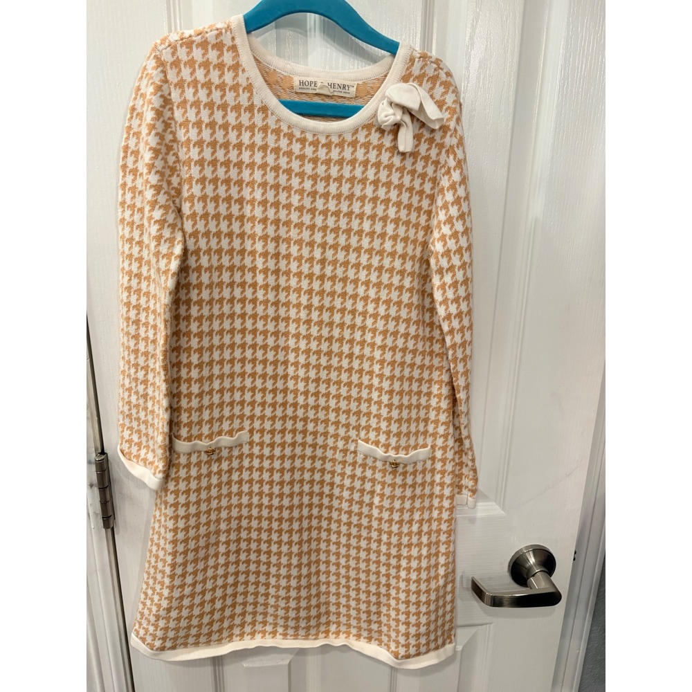 Hope & Henry Sweater Dress Orange Houndstooth Organic Cotton Bow Knit Preppy 8